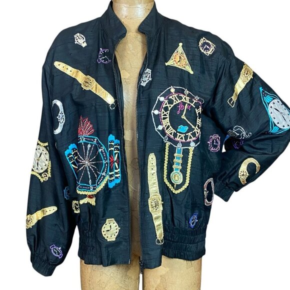 VTG CACHE Silk Bomber Jacket Novelty Watch Pattern S Black 336G - Picture 2 of 6